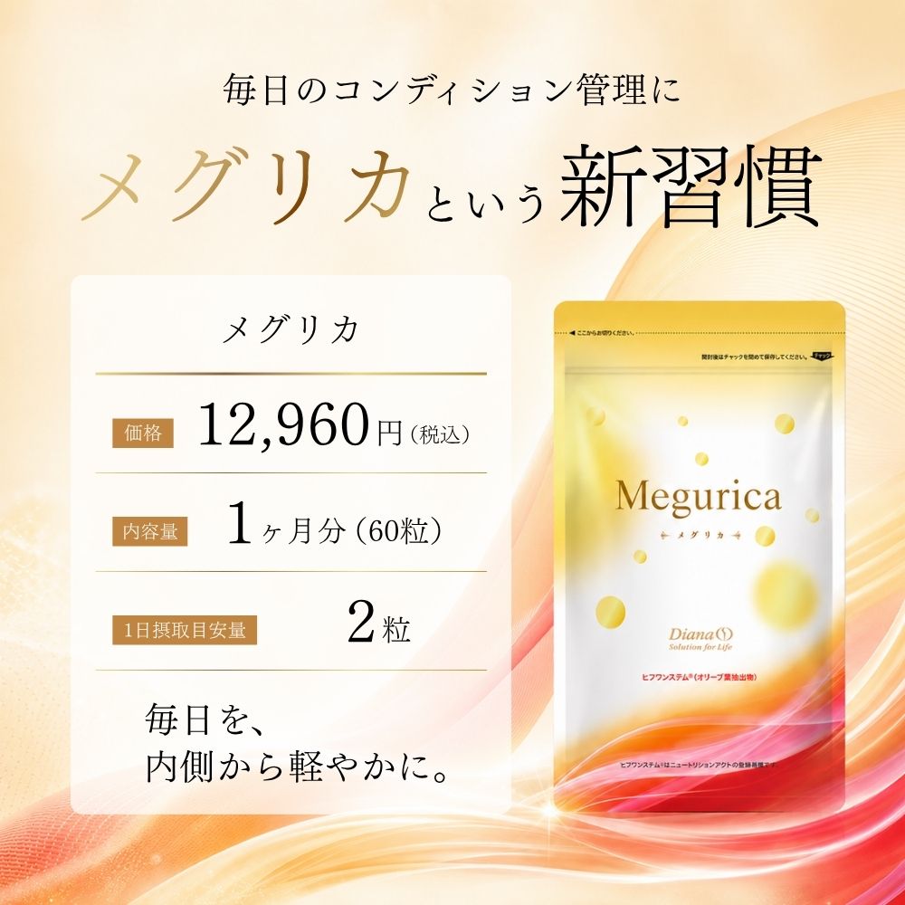 メグリカの商品紹介。価格は12,960円（税込）。1袋で1ヶ月分。
