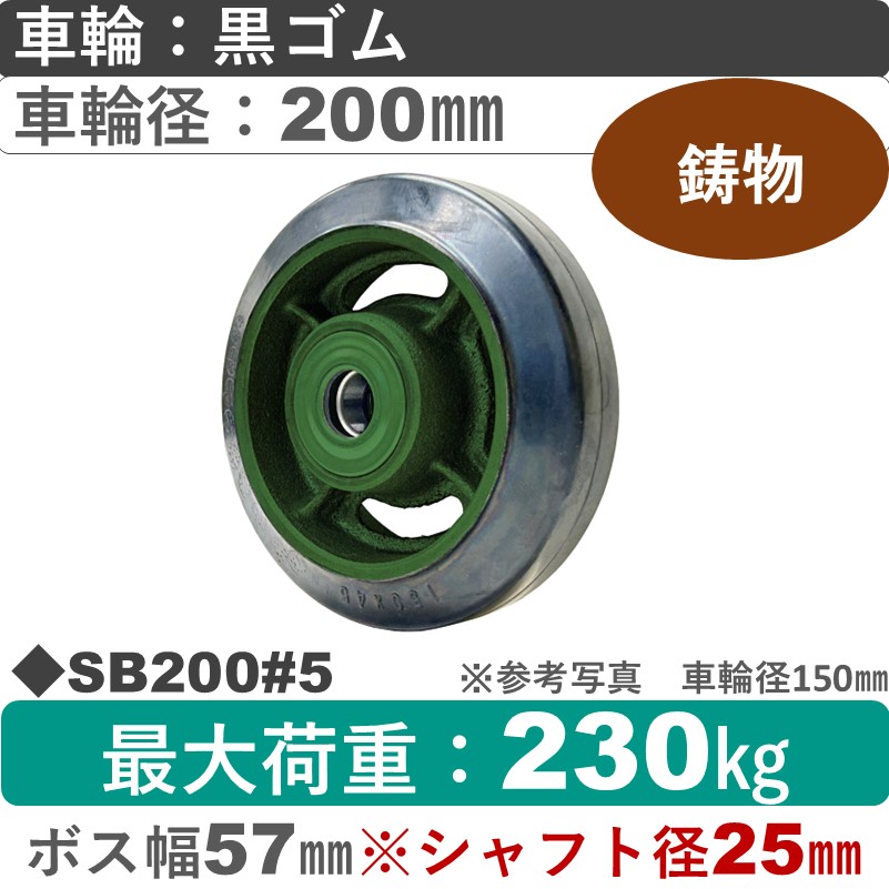 SB200＃5軸径φ25㎜ 浪花製作所 ゴム車輪200㎜