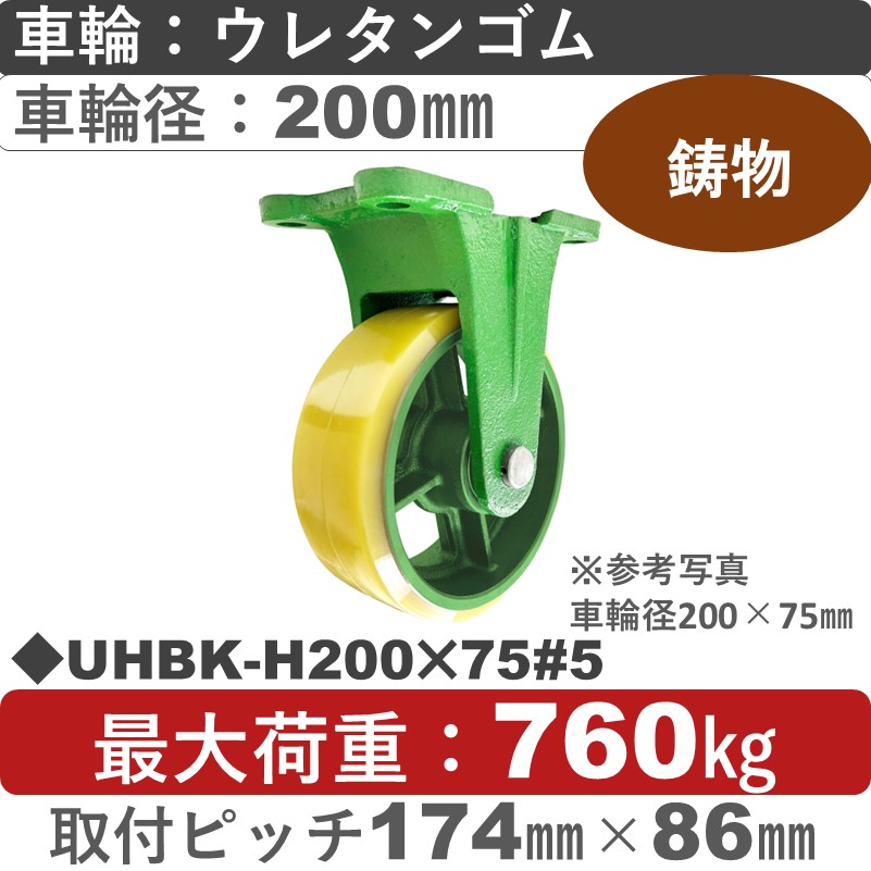 UHBK-H200×75 浪花製作所 キャスター 固定金具 ウレタン車輪200㎜