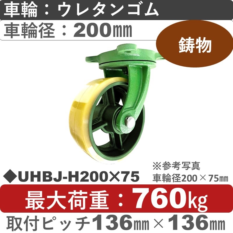 UHBJ-H200×75 浪花製作所 キャスター 自在金具 ウレタン車輪200㎜