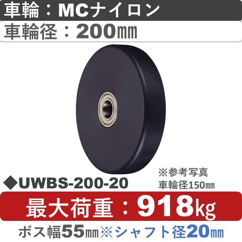 UWBS-200 シャフト径Φ20㎜ ウカイキャスター ＭＣナイロン車輪［スリムタイプ］200㎜
