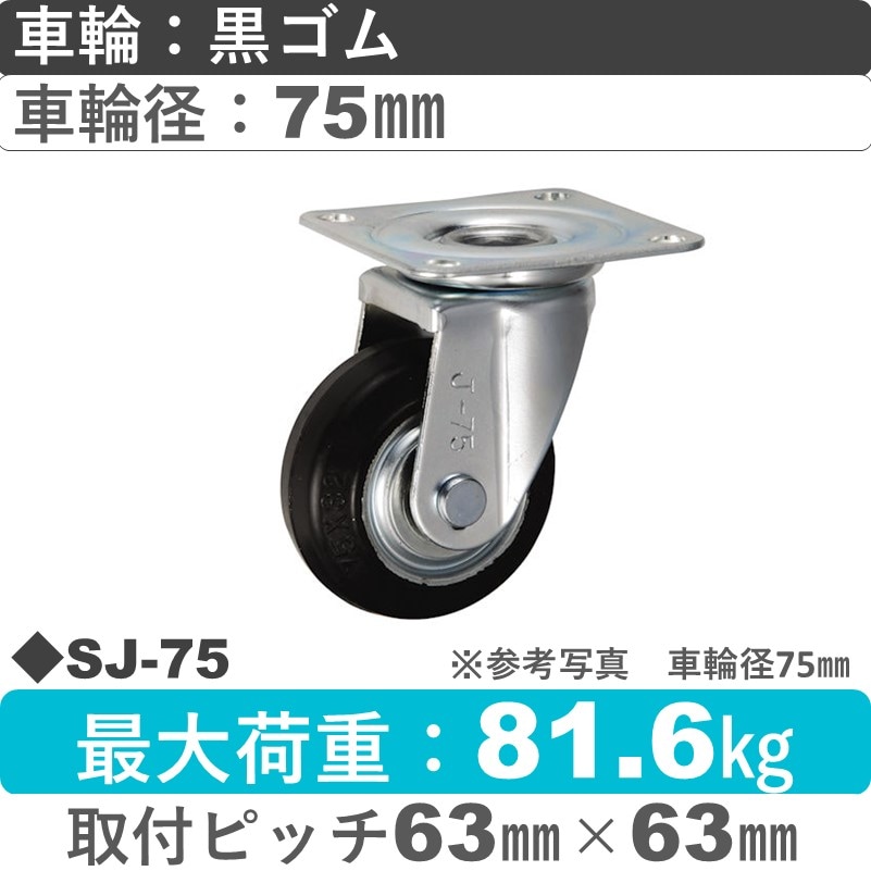 SJ-75 ウカイキャスター  自在金具 ゴム車輪75㎜
