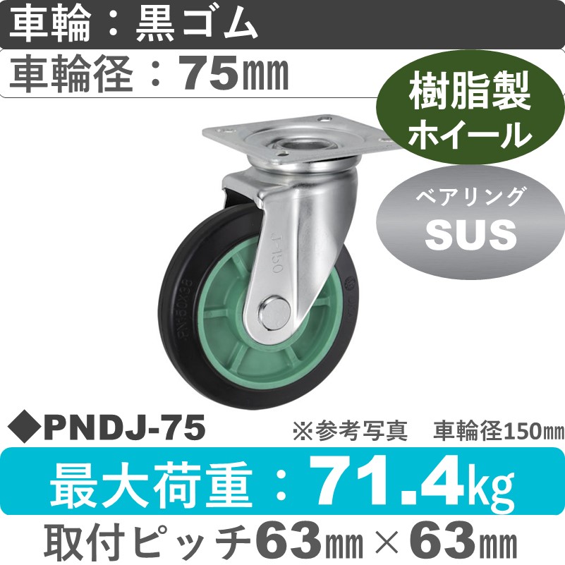 PNDJ-75 ウカイキャスター  自在金具 ゴム車輪75㎜
