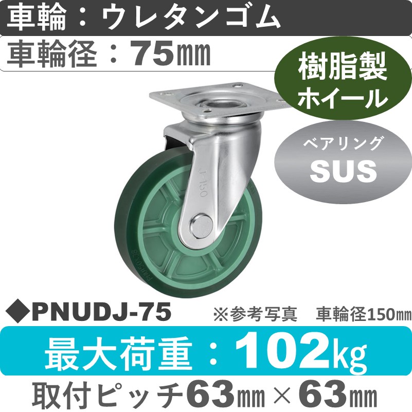PNUDJ-75 ウカイキャスター  自在金具 ウレタンゴム車輪75㎜