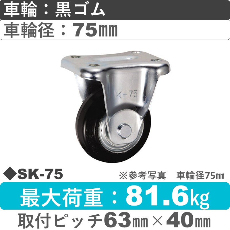 SK-75 ウカイキャスター  固定金具 ゴム車輪75㎜