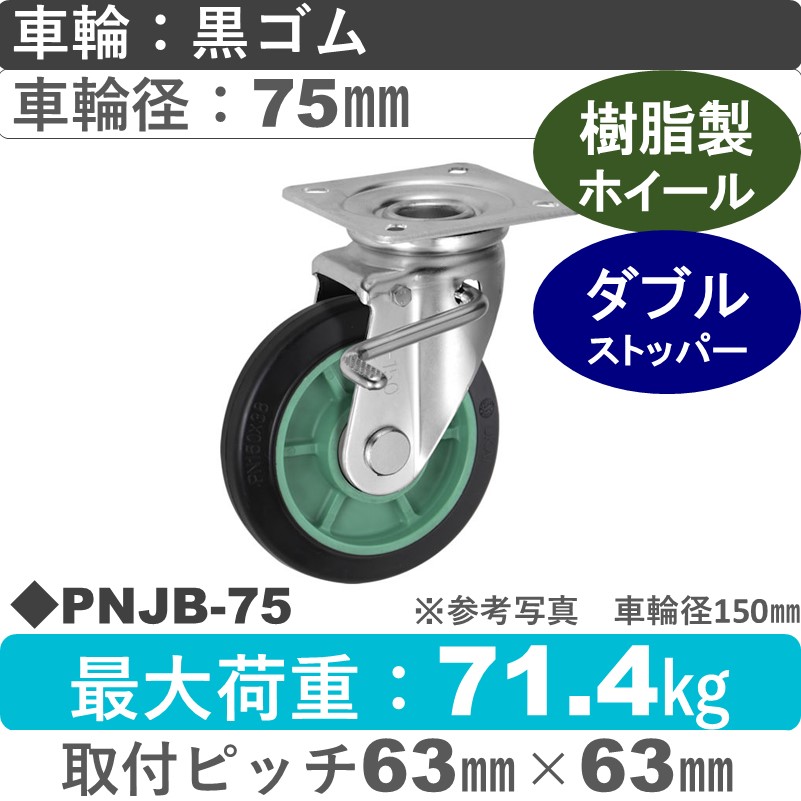PNJB-75 ウカイキャスター  ストッパー付自在金具 ゴム車輪75㎜