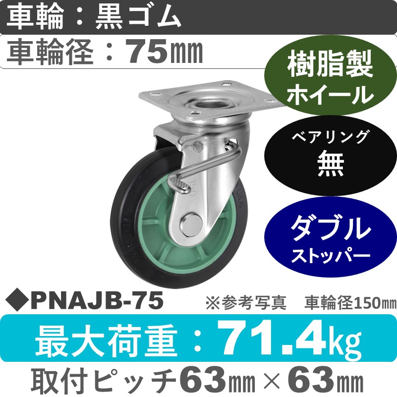 PNAJB-75 ウカイキャスター  ストッパー付自在金具 ゴム車輪75㎜