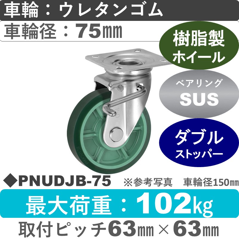 PNUDJB-75 ウカイキャスター  ストッパー付自在金具 ウレタンゴム車輪75㎜