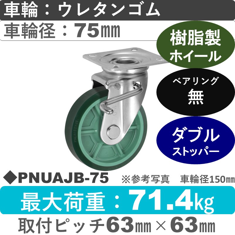 PNUAJB-75 ウカイキャスター  ストッパー付自在金具 ウレタンゴム車輪75㎜