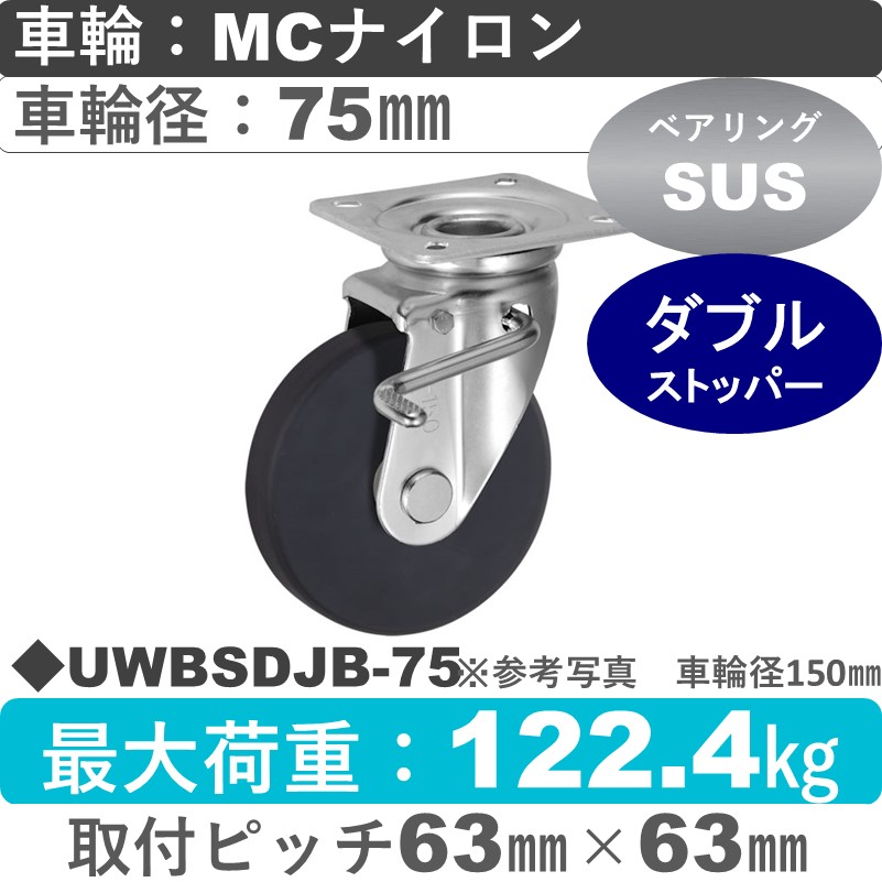 UWBSDJB-75 ウカイキャスター  ストッパー付自在金具 ＭＣナイロン車輪75㎜