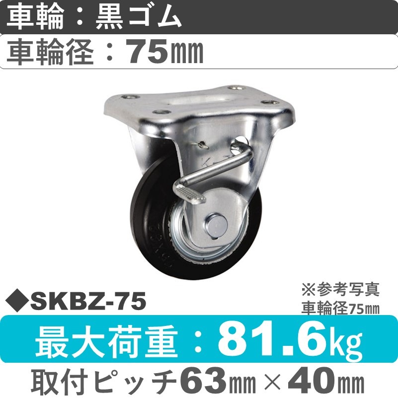 SKBZ-75 ウカイキャスター  ストッパー付固定金具 ゴム車輪75㎜