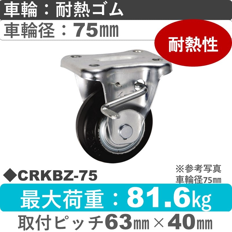 CRKBZ-75 ウカイキャスター  ストッパー付固定金具 耐熱ゴム車輪75㎜