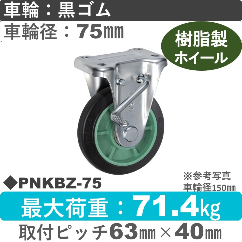 PNKBZ-75 ウカイキャスター  ストッパー付固定金具 ゴム車輪75㎜