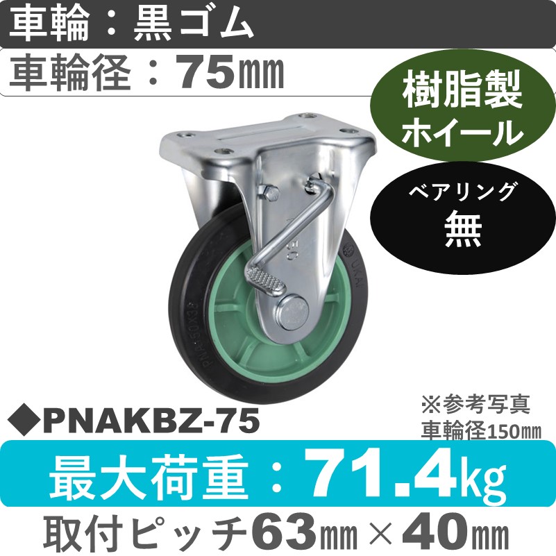 PNAKBZ-75 ウカイキャスター  ストッパー付固定金具 ゴム車輪75㎜