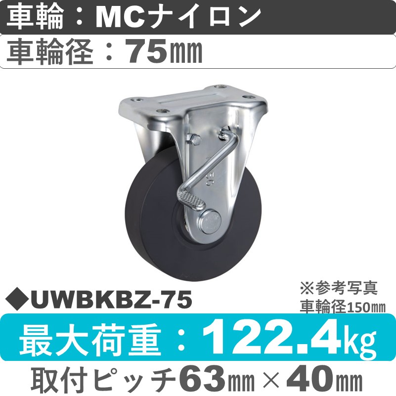 UWBKBZ-75 ウカイキャスター  ストッパー付固定金具 ＭＣナイロン車輪75㎜