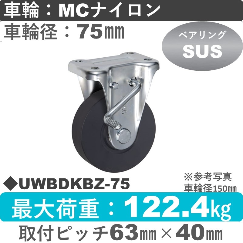 UWBDKBZ-75 ウカイキャスター  ストッパー付固定金具 ＭＣナイロン車輪75㎜