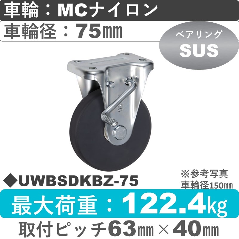 UWBSDKBZ-75 ウカイキャスター  ストッパー付固定金具 ＭＣナイロン車輪75㎜