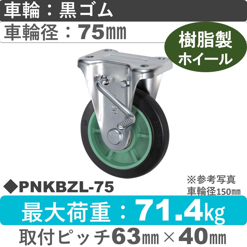PNKBZL-75 ウカイキャスター  左ストッパー付固定金具 ゴム車輪75㎜