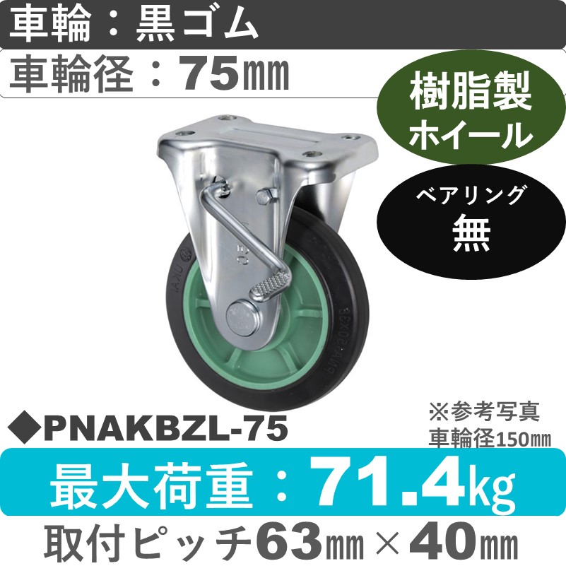 PNAKBZL-75 ウカイキャスター  左ストッパー付固定金具 ゴム車輪75㎜
