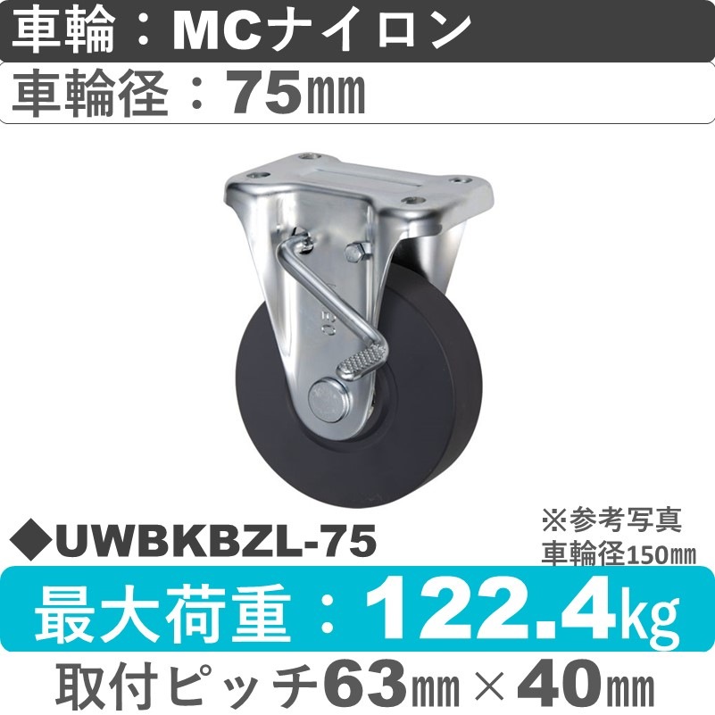 UWBKBZL-75 ウカイキャスター  左ストッパー付固定金具 ＭＣナイロン車輪75㎜
