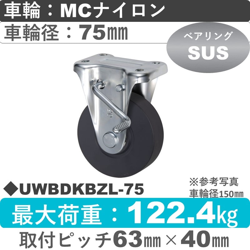 UWBDKBZL-75 ウカイキャスター  左ストッパー付固定金具 ＭＣナイロン車輪75㎜