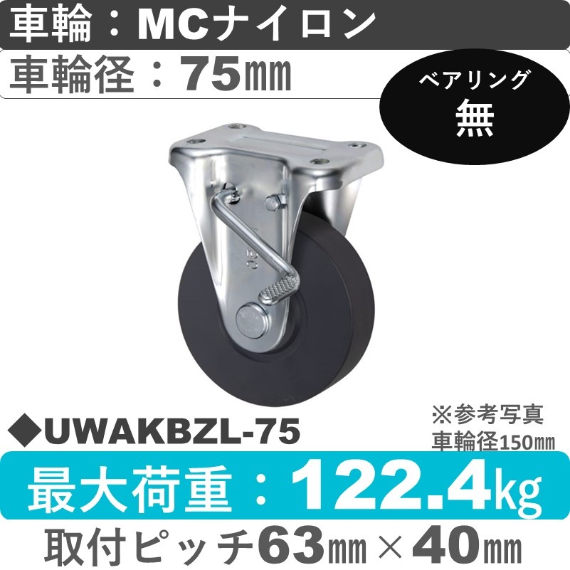 UWAKBZL-75 ウカイキャスター  左ストッパー付固定金具 ＭＣナイロン車輪75㎜