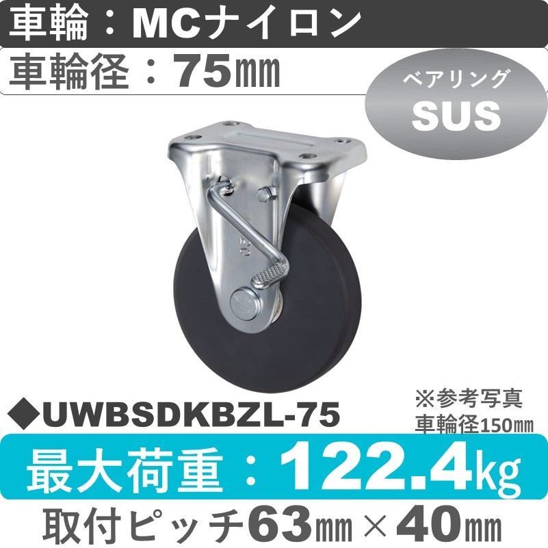 UWBSDKBZL-75 ウカイキャスター  左ストッパー付固定金具 ＭＣナイロン車輪75㎜