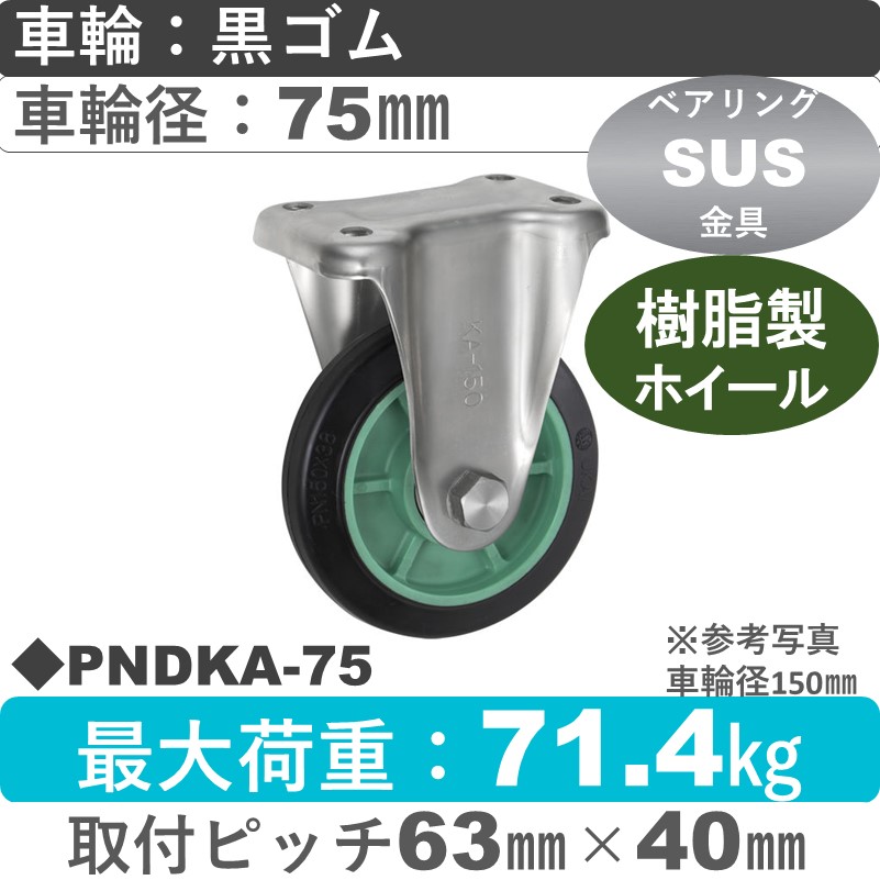 PNDKA-75 ウカイキャスター  ステンレス固定金具 ゴム車輪75㎜