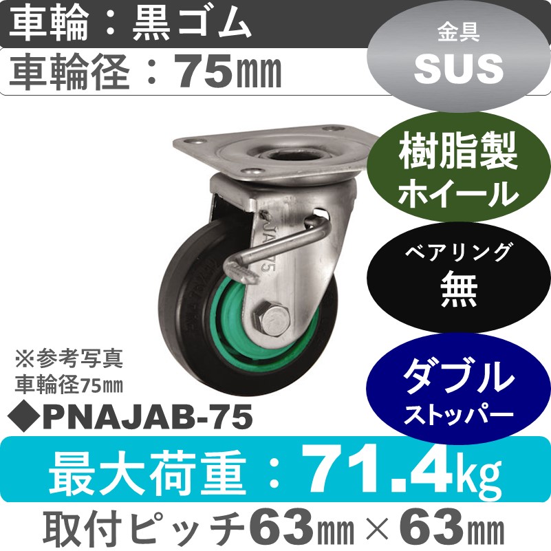 PNAJAB-75 ウカイキャスター  ストッパー付ステンレス自在金具 ゴム車輪75㎜