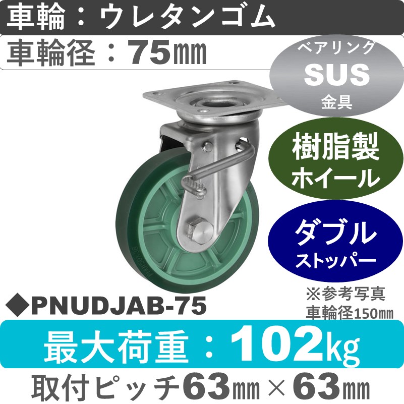 PNUDJAB-75 ウカイキャスター  ストッパー付ステンレス自在金具 ウレタンゴム車輪75㎜