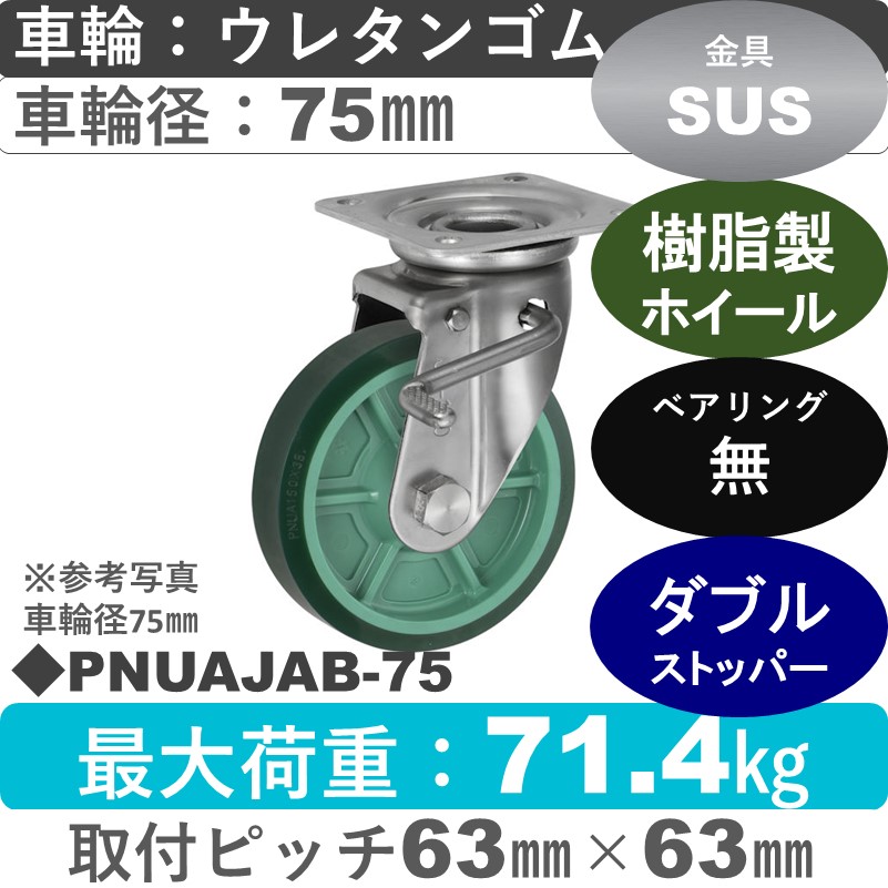 PNUAJAB-75 ウカイキャスター  ストッパー付ステンレス自在金具 ウレタンゴム車輪75㎜