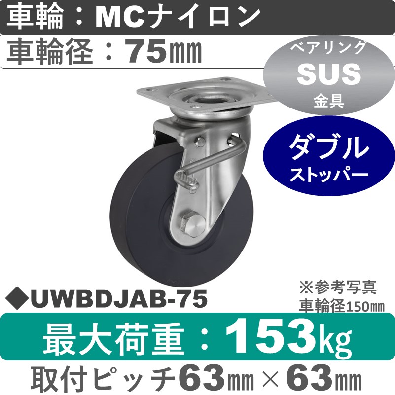 UWBDJAB-75 ウカイキャスター  ストッパー付ステンレス自在金具 ＭＣナイロン車輪75㎜