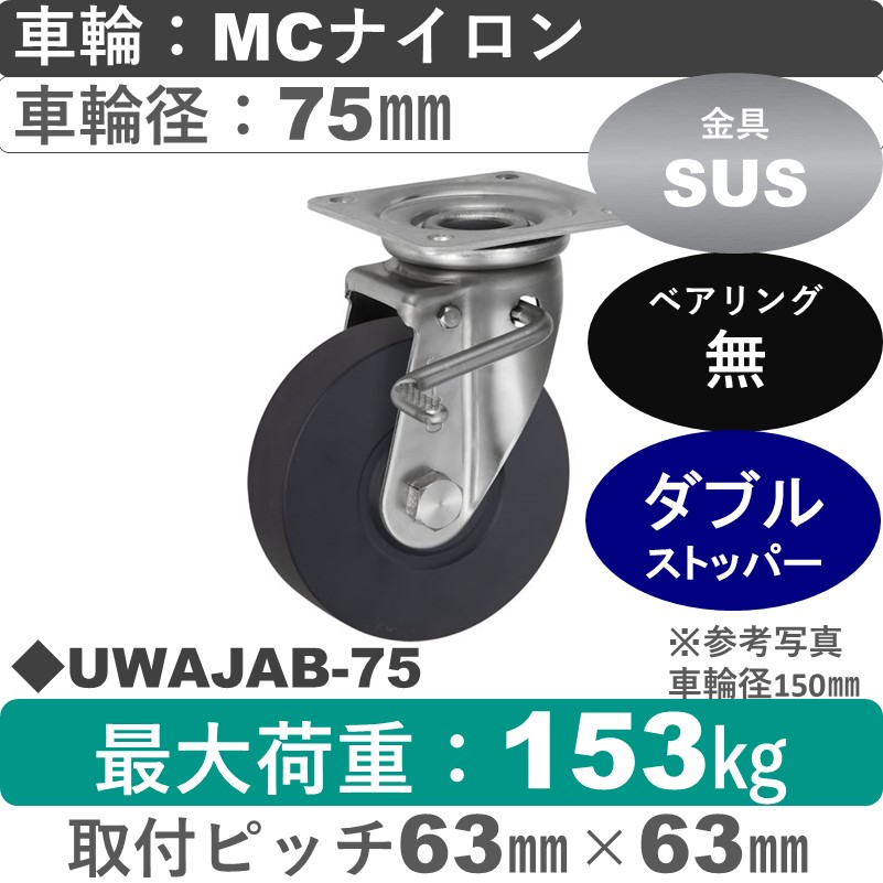 UWAJAB-75 ウカイキャスター  ストッパー付ステンレス自在金具 ＭＣナイロン車輪75㎜