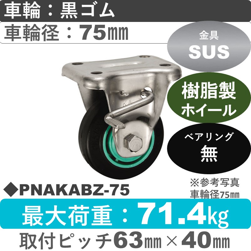 PNAKABZ-75 ウカイキャスター  ストッパー付ステンレス固定金具 ゴム車輪75㎜