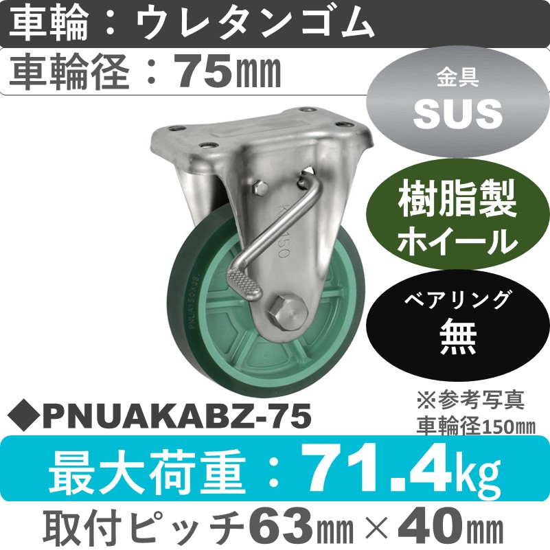 PNUAKABZ-75 ウカイキャスター  ストッパー付ステンレス固定金具 ウレタンゴム車輪75㎜