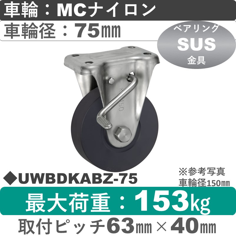UWBDKABZ-75 ウカイキャスター  ストッパー付ステンレス固定金具 ＭＣナイロン車輪75㎜