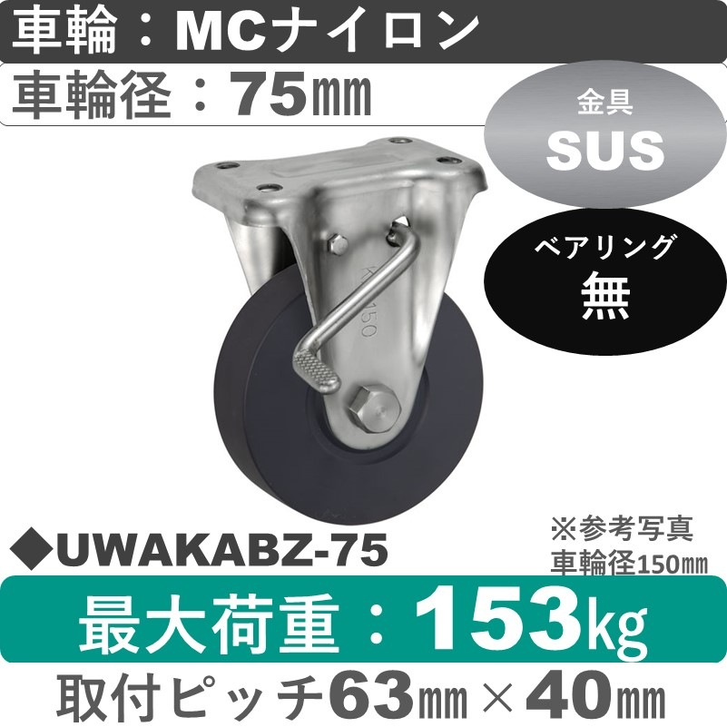 UWAKABZ-75 ウカイキャスター  ストッパー付ステンレス固定金具 ＭＣナイロン車輪75㎜