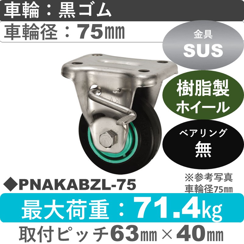 PNAKABZL-75 ウカイキャスター  左ストッパー付ステンレス固定金具 ゴム車輪75㎜