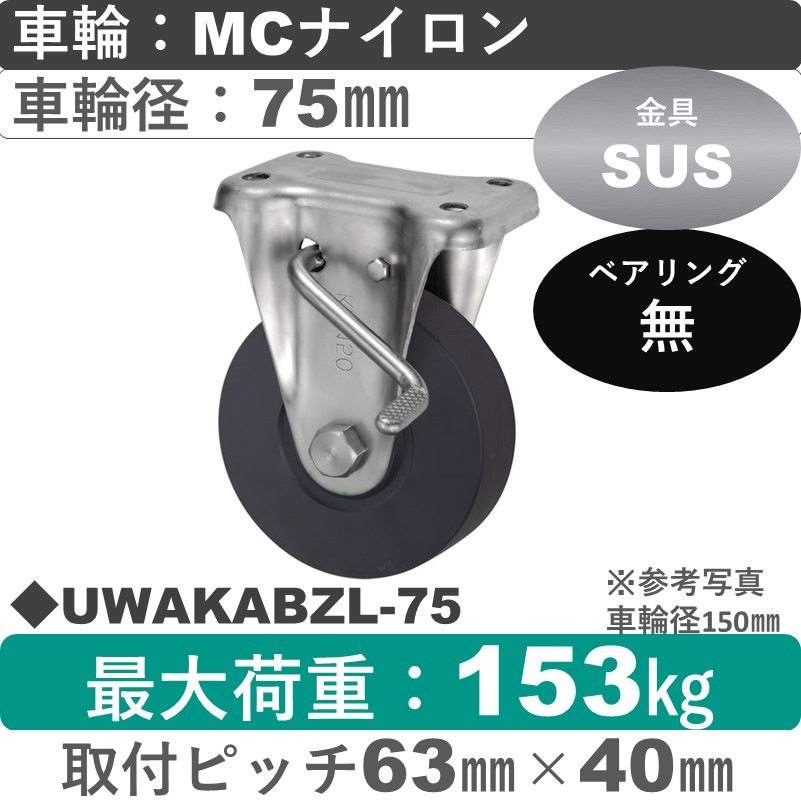 UWAKABZL-75 ウカイキャスター  左ストッパー付ステンレス固定金具 ＭＣナイロン車輪75㎜