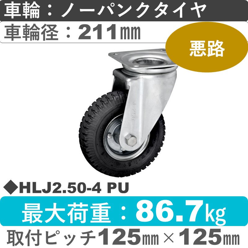 HLJ2.50-4 PU BLACK ウカイキャスター  自在金具 ノーパンクタイヤ（発泡ウレタン）211㎜