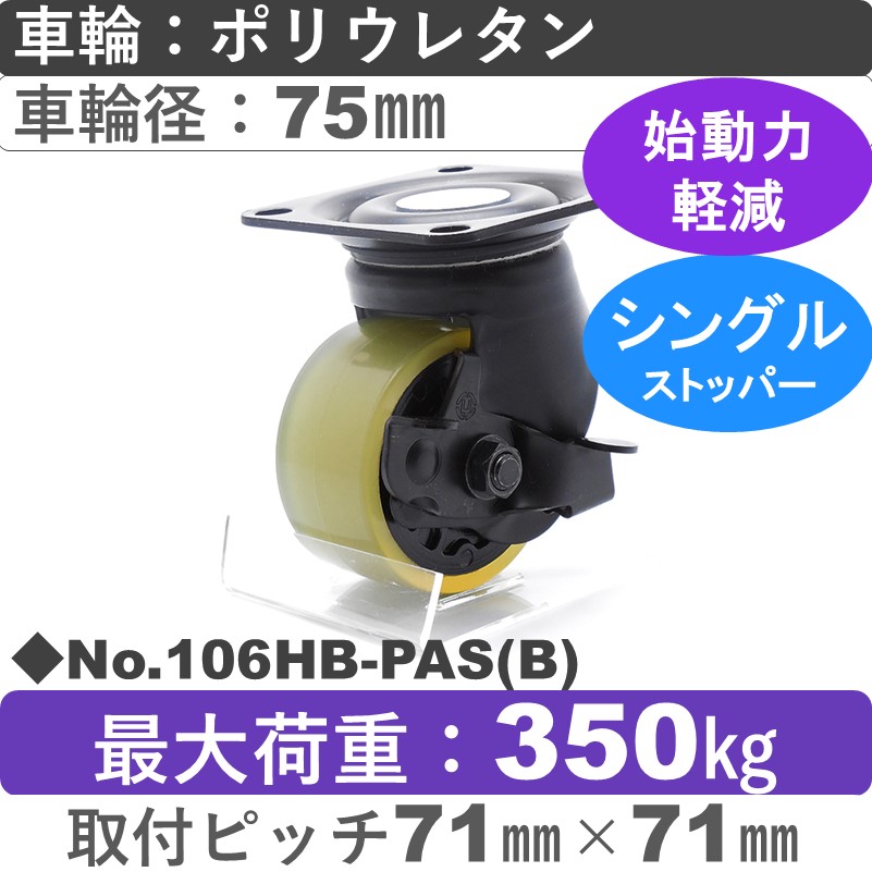 No.106HB-PAS(ブラック) パッキングキャスターヘビークラス　 ストッパー付自在金具 ポリウレタン75㎜