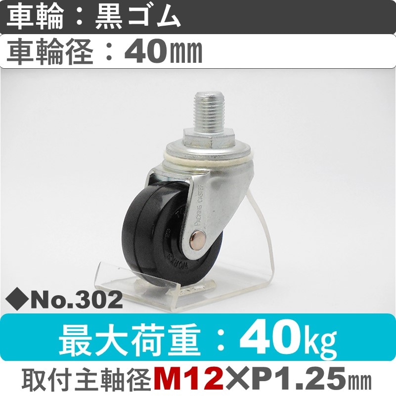 No.302 パッキングキャスタースタンダードクラス　 自在ねじ込み式 黒ゴム40㎜