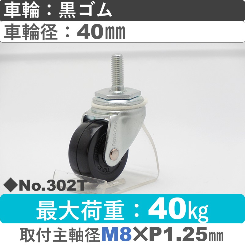 No.302T パッキングキャスタースタンダードクラス　 自在ねじ込み式 黒ゴム40㎜
