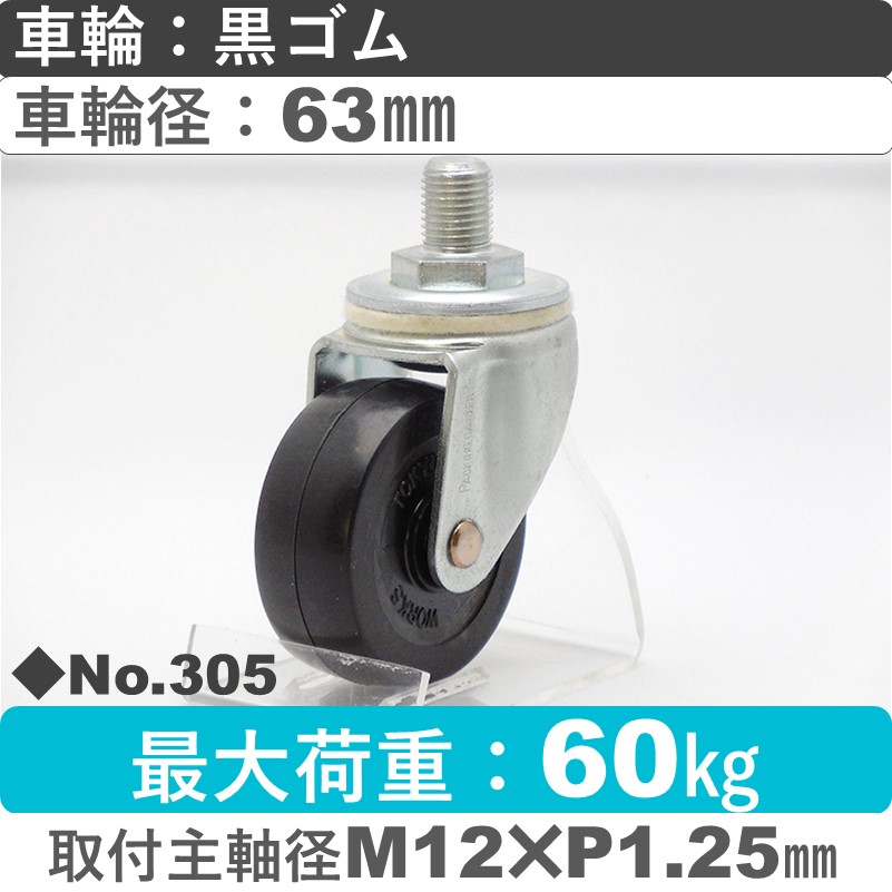 No.305 パッキングキャスタースタンダードクラス　 自在ねじ込み式 黒ゴム63㎜