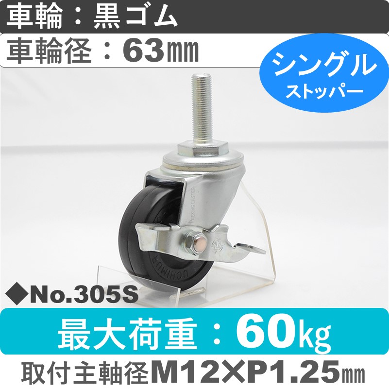 No.305S パッキングキャスタースタンダードクラス　 ストッパー付自在ねじ込み式 黒ゴム63㎜
