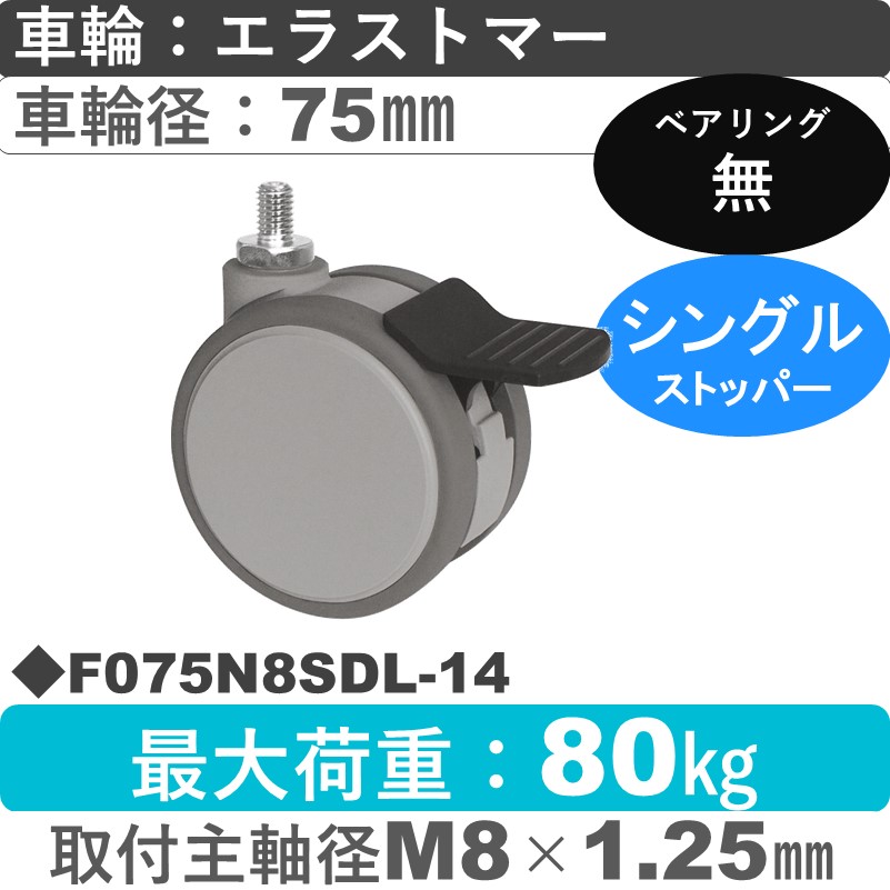 F075N8SDL-14 東海キャスター  ストッパー付自在ねじ込み式 エラストマー75㎜