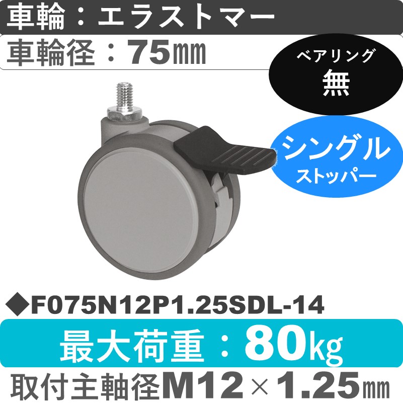 F075N12P1.25SDL-14 東海キャスター  ストッパー付自在ねじ込み式 エラストマー75㎜