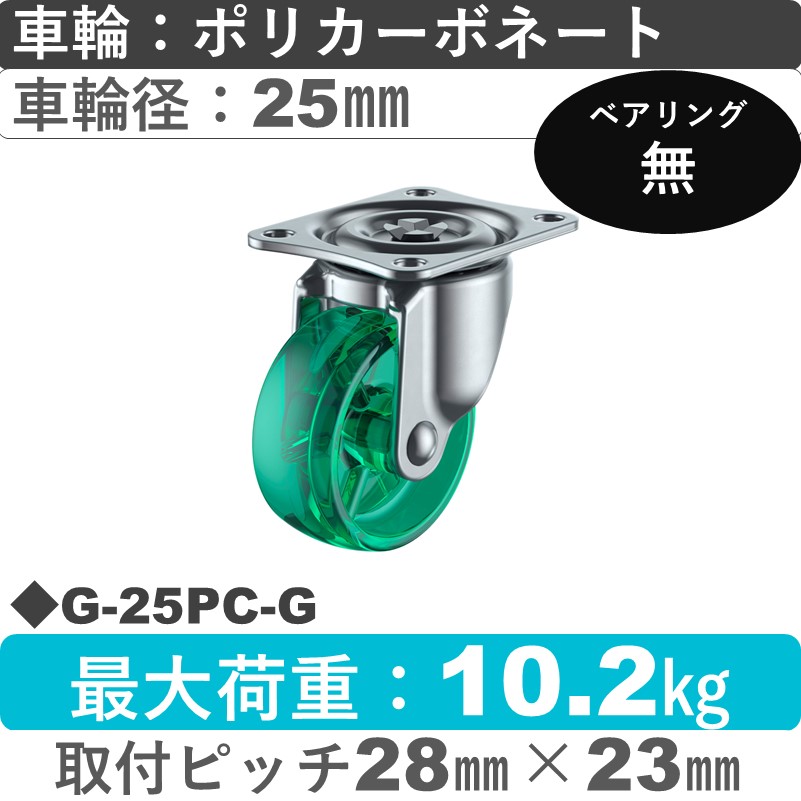 G-25PC-G ユーエイキャスター 自在金具 ポリカーボネート(緑)車輪25㎜