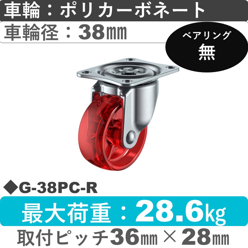 G-38PC-R ユーエイキャスター 自在金具 ポリカーボネート(赤)38㎜