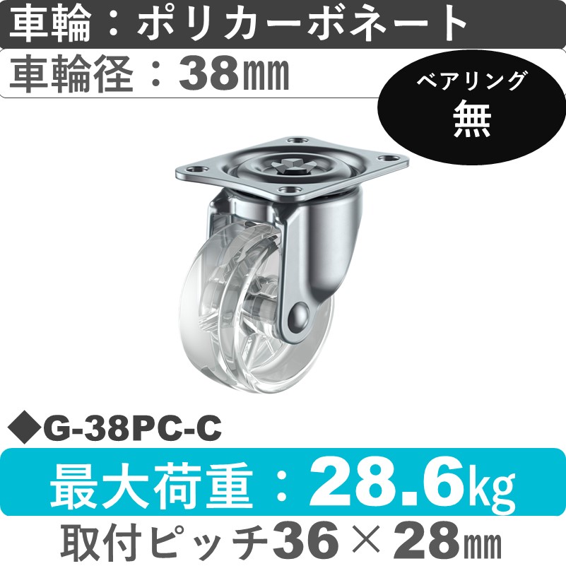 G-38PC-C ユーエイキャスター 自在金具 ポリカーボネート(透明)38㎜
